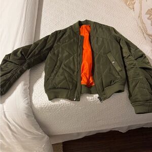 Olive Green Bomber Jacket with Orange Lining